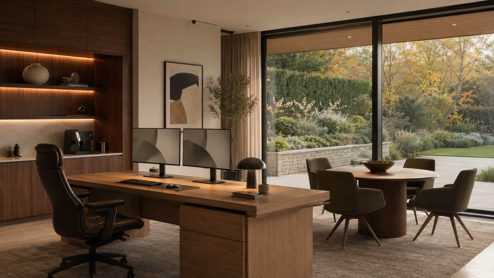 Executive garden office with an oak desk, dual monitors, walnut joinery and a round meeting table by full-height glazing