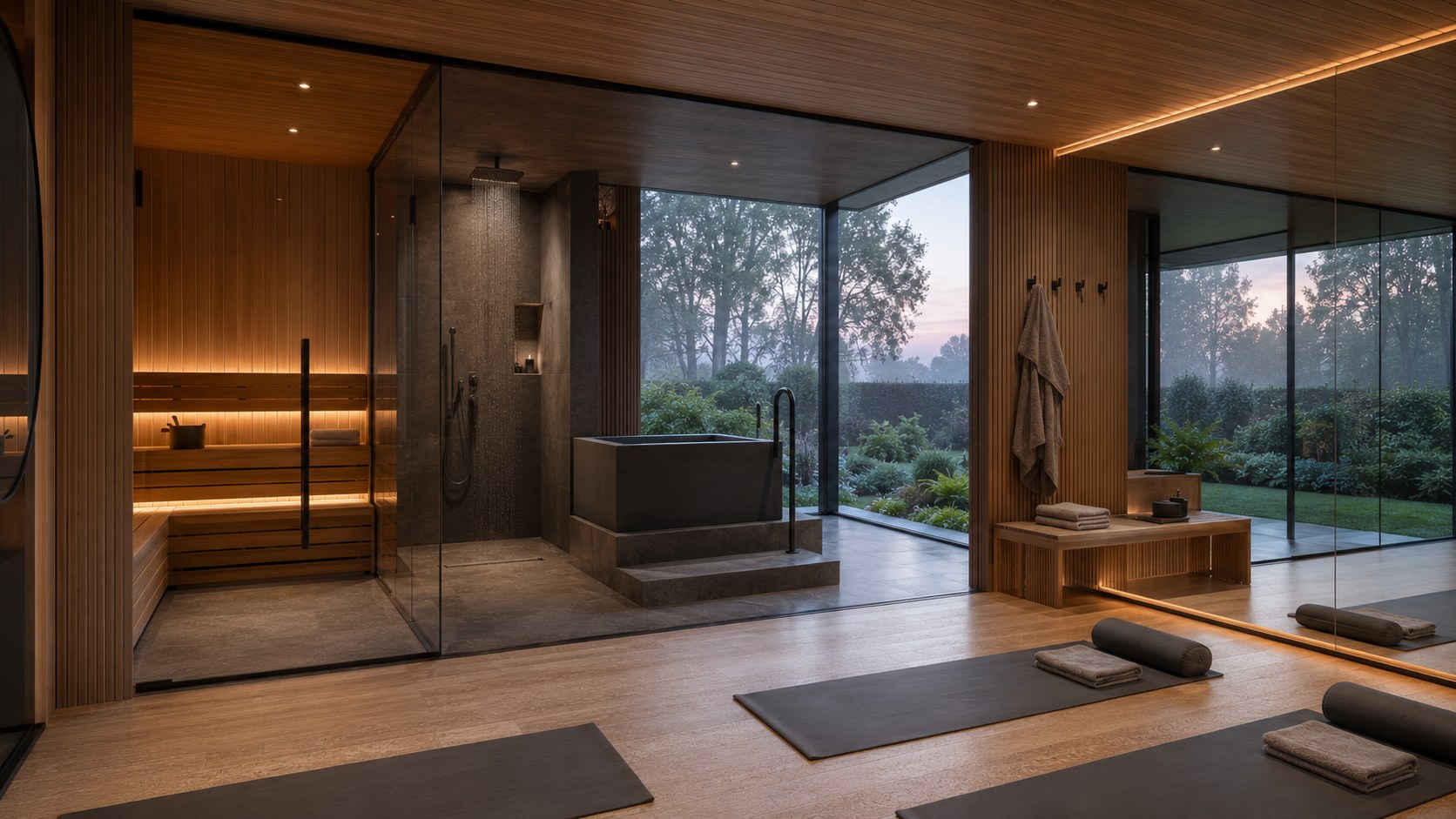 Interior of the Signature wellness cabin showing the glazed sauna, plunge tub and oak studio floor
