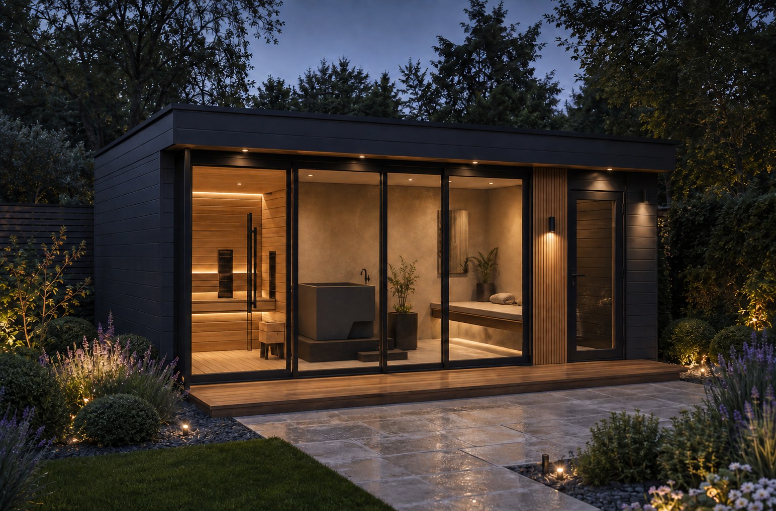Compact garden wellness cabin with two-person sauna, cold plunge tub and recovery bench