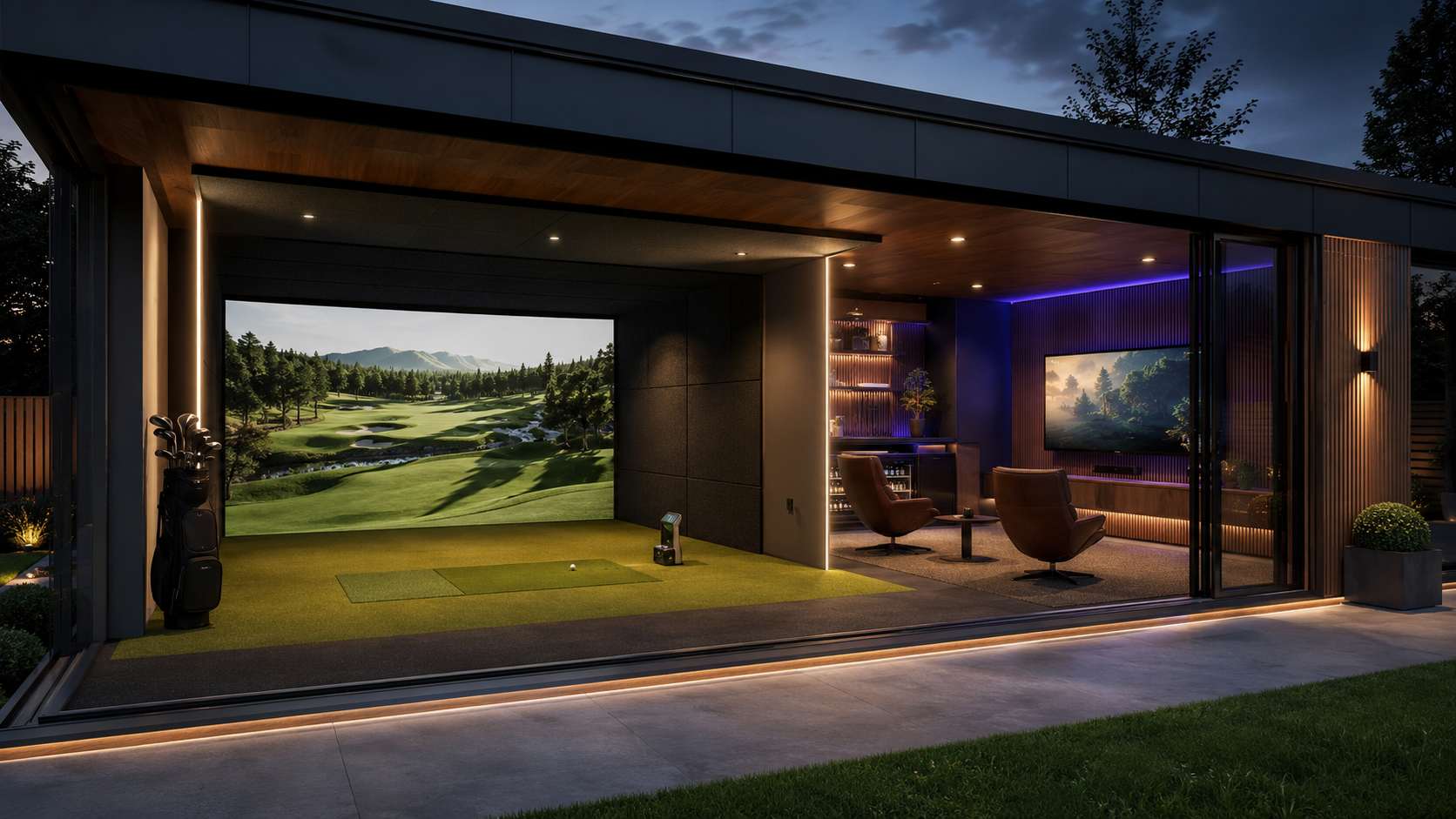 Garden room golf simulator and gaming lounge