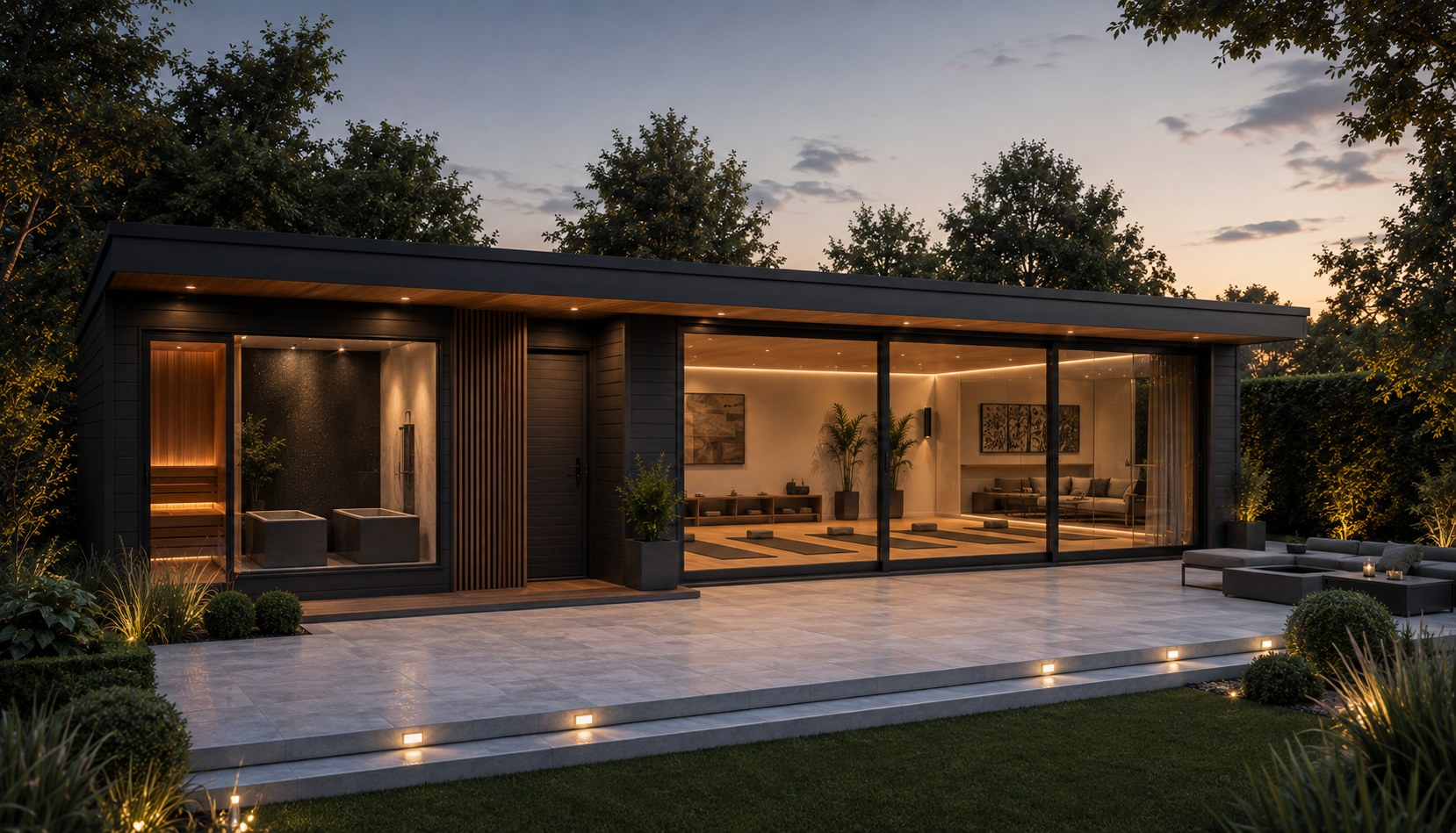 Large Pro wellness pavilion with sauna suite on one side and a wide yoga studio on the other