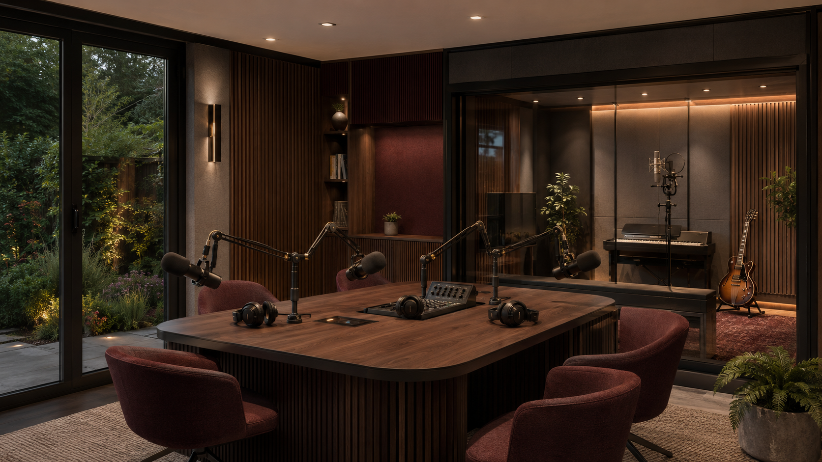 Garden room podcast studio with a walnut table, broadcast microphones and a glazed live recording booth