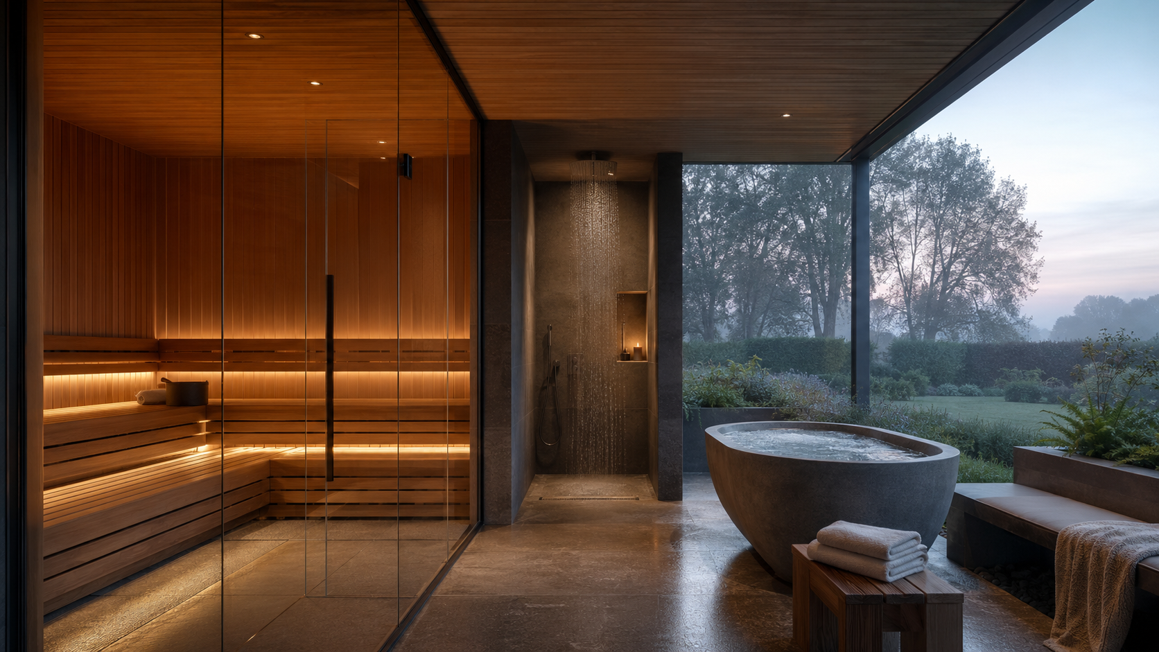 Garden wellness room with cedar sauna and ice bath